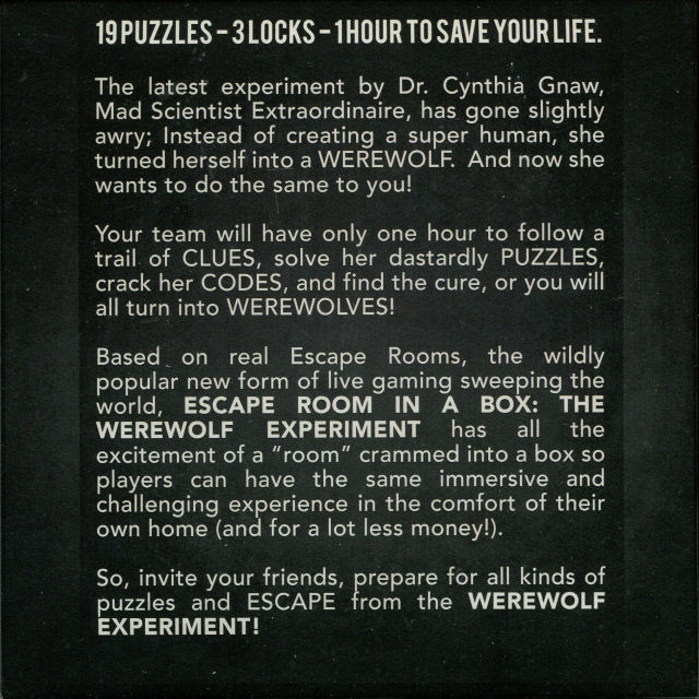Escape Room in a Box: The Werewolf Experiment - Box Back